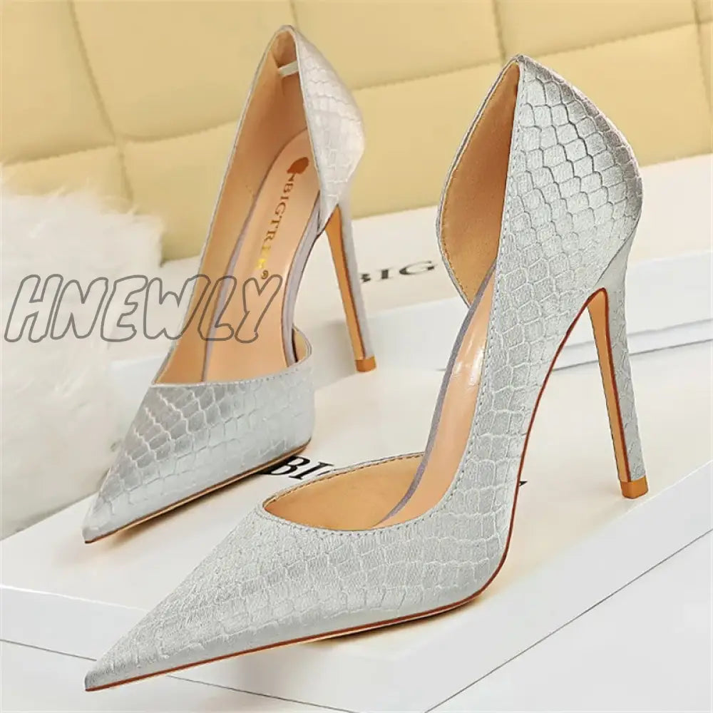 Hnewly Women 7.5Cm 10.5Cm High Heels Elegant Pumps Lady Plus Size Silk Satin Green Silver Wedding