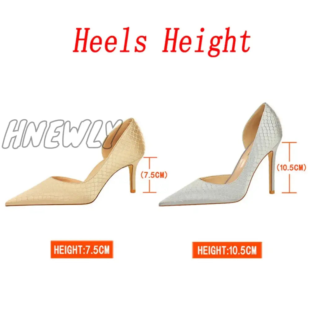Hnewly Women 7.5Cm 10.5Cm High Heels Elegant Pumps Lady Plus Size Silk Satin Green Silver Wedding