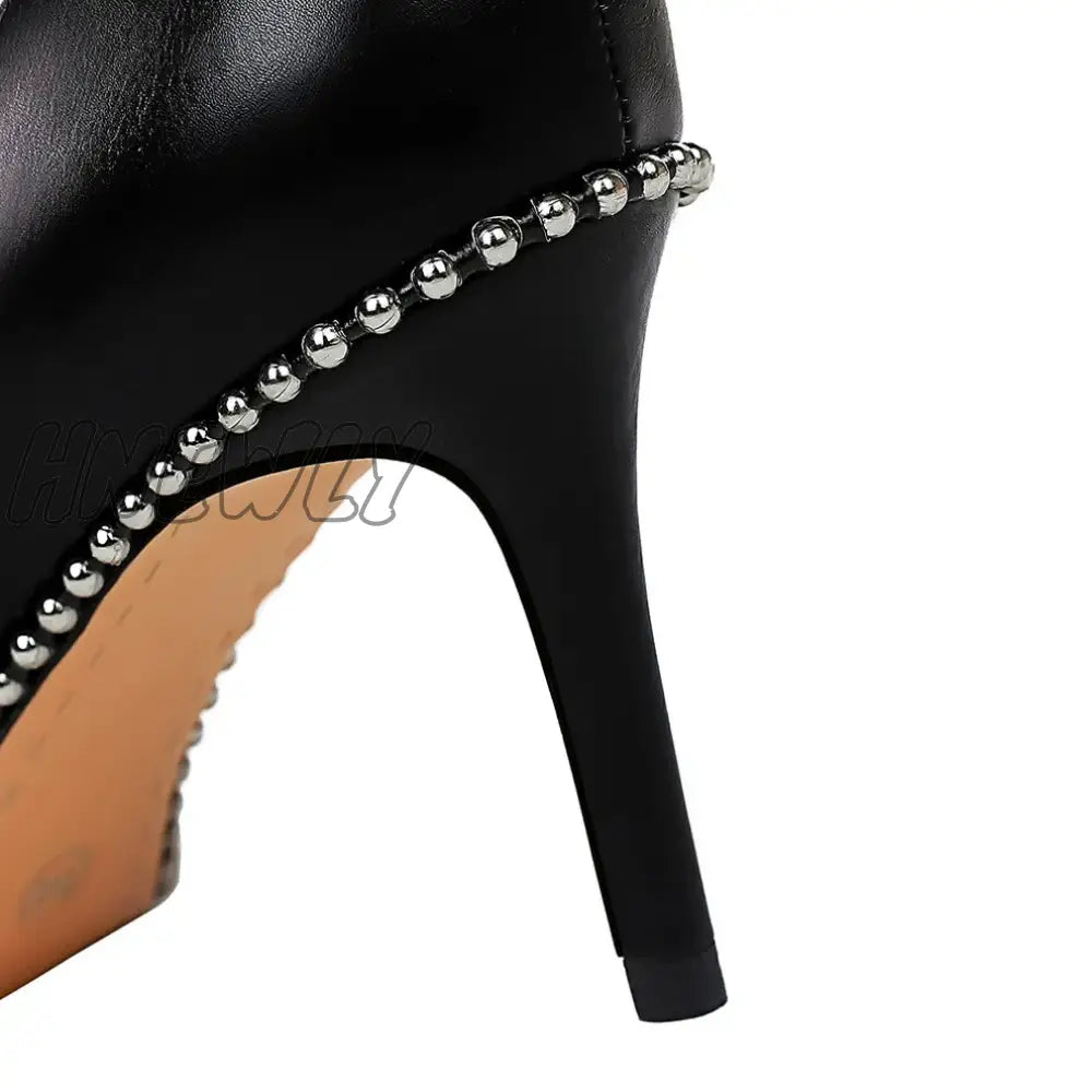 Hnewly Women 7.5Cm 10.5Cm High Heels Studded Rivets Pumps Lady Fetish Stiletto Middle Low Scarpins