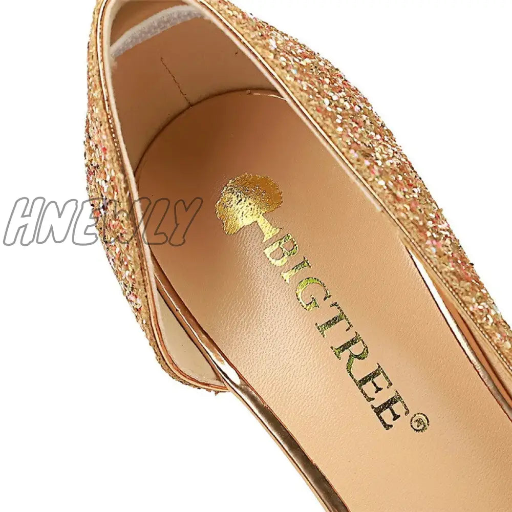 Hnewly Women 7Cm 10.5Cm Super High Heels Blue Gold Pumps Sexy Sequins Bling Low Lady Scarpins