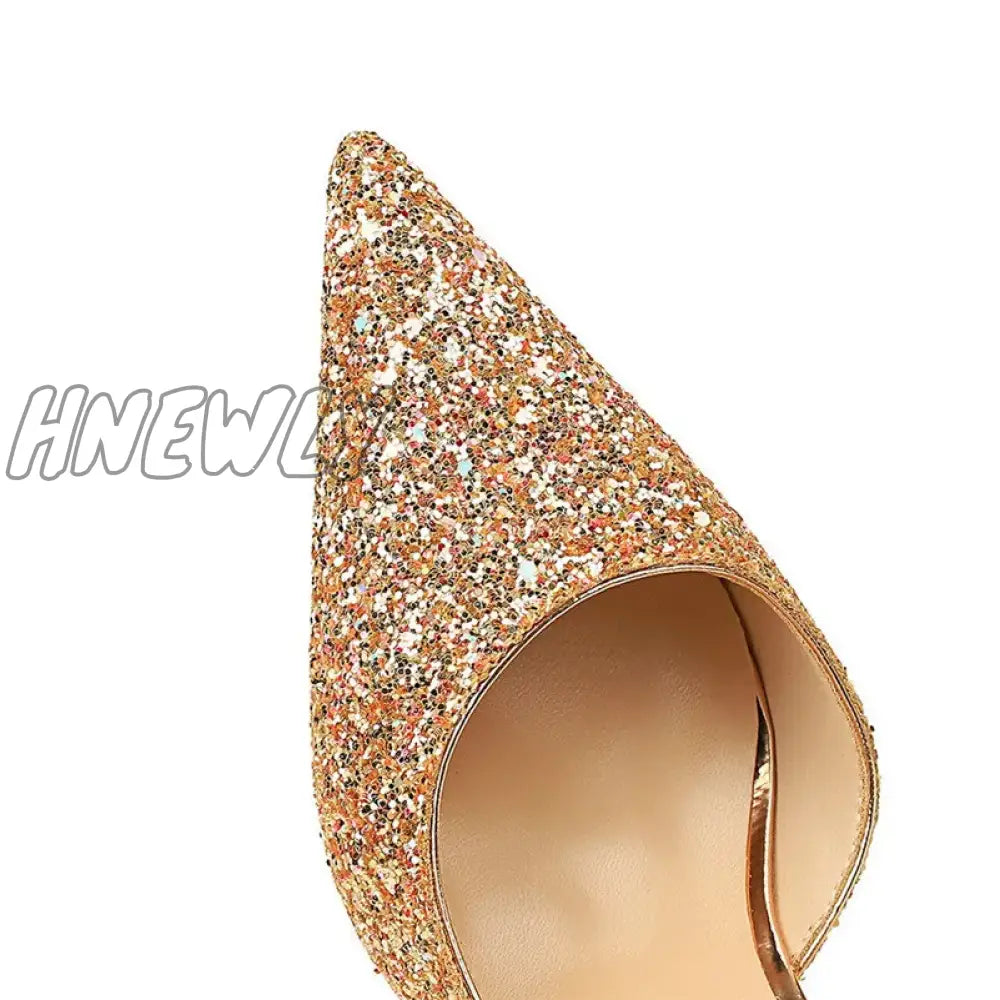 Hnewly Women 7Cm 10.5Cm Super High Heels Blue Gold Pumps Sexy Sequins Bling Low Lady Scarpins