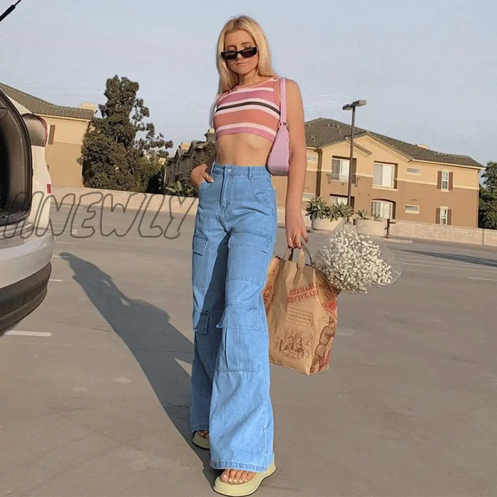 Hnewly Women 90S Y2K Patchwork Wide Leg Mom Jeans Big Pocket Cargo Pants Vintage Mopping Casual