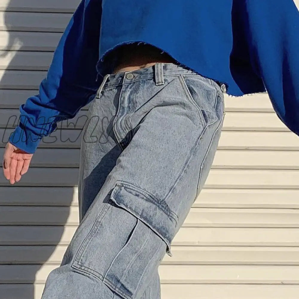 Hnewly Women 90S Y2K Patchwork Wide Leg Mom Jeans Big Pocket Cargo Pants Vintage Mopping Casual