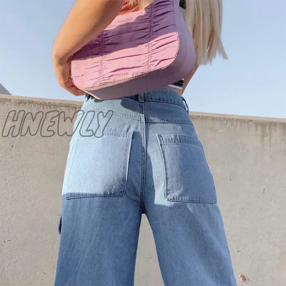 Hnewly Women 90S Y2K Patchwork Wide Leg Mom Jeans Big Pocket Cargo Pants Vintage Mopping Casual