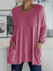 Hnewly Women Autumn Fashion Tunic Top Pocket Solid Color Loose Round Neck Long - Sleeved T - Shirt