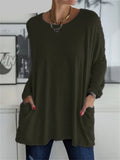 Hnewly Women Autumn Fashion Tunic Top Pocket Solid Color Loose Round Neck Long - Sleeved T - Shirt