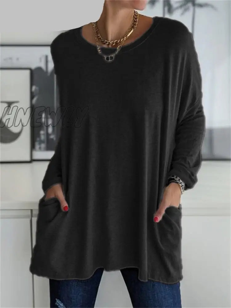 Hnewly Women Autumn Fashion Tunic Top Pocket Solid Color Loose Round Neck Long - Sleeved T - Shirt