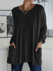 Hnewly Women Autumn Fashion Tunic Top Pocket Solid Color Loose Round Neck Long - Sleeved T - Shirt