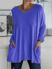 Hnewly Women Autumn Fashion Tunic Top Pocket Solid Color Loose Round Neck Long - Sleeved T - Shirt
