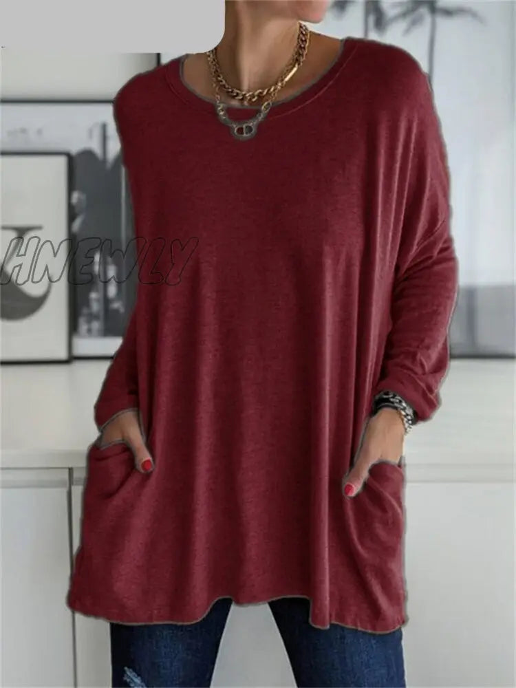 Hnewly Women Autumn Fashion Tunic Top Pocket Solid Color Loose Round Neck Long - Sleeved T - Shirt