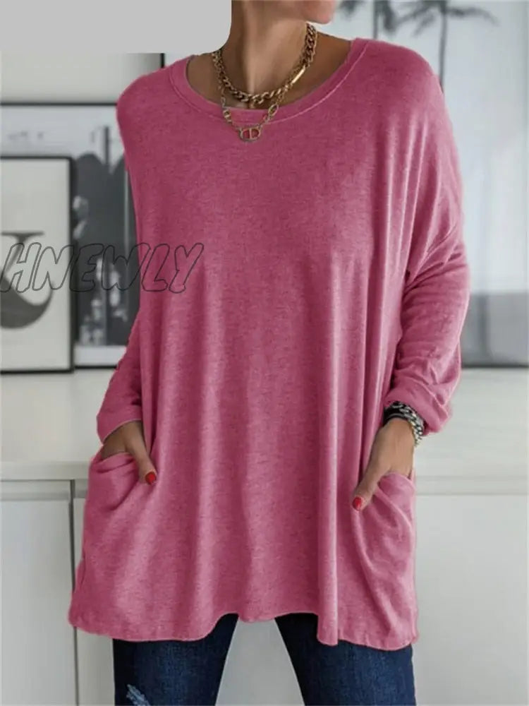 Hnewly Women Autumn Fashion Tunic Top Pocket Solid Color Loose Round Neck Long - Sleeved T - Shirt