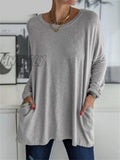 Hnewly Women Autumn Fashion Tunic Top Pocket Solid Color Loose Round Neck Long - Sleeved T - Shirt
