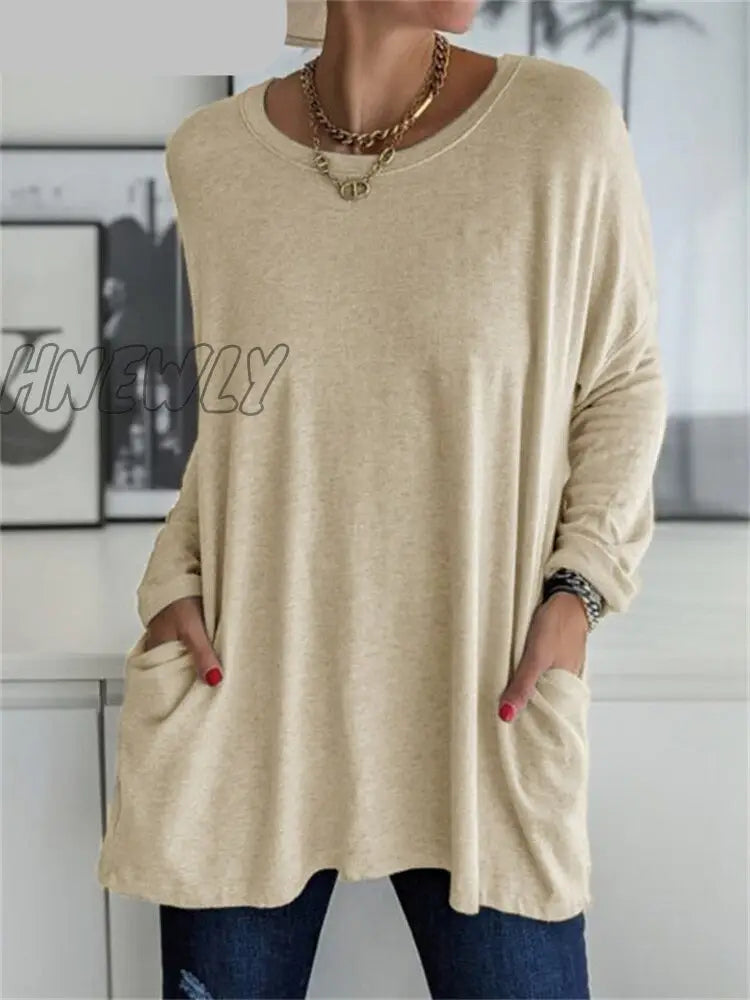 Hnewly Women Autumn Fashion Tunic Top Pocket Solid Color Loose Round Neck Long - Sleeved T - Shirt