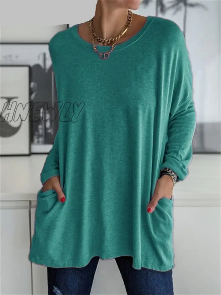 Hnewly Women Autumn Fashion Tunic Top Pocket Solid Color Loose Round Neck Long - Sleeved T - Shirt
