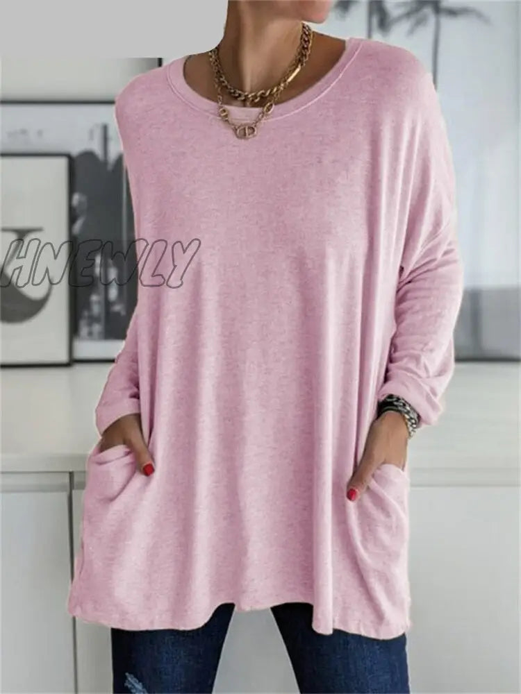 Hnewly Women Autumn Fashion Tunic Top Pocket Solid Color Loose Round Neck Long - Sleeved T - Shirt