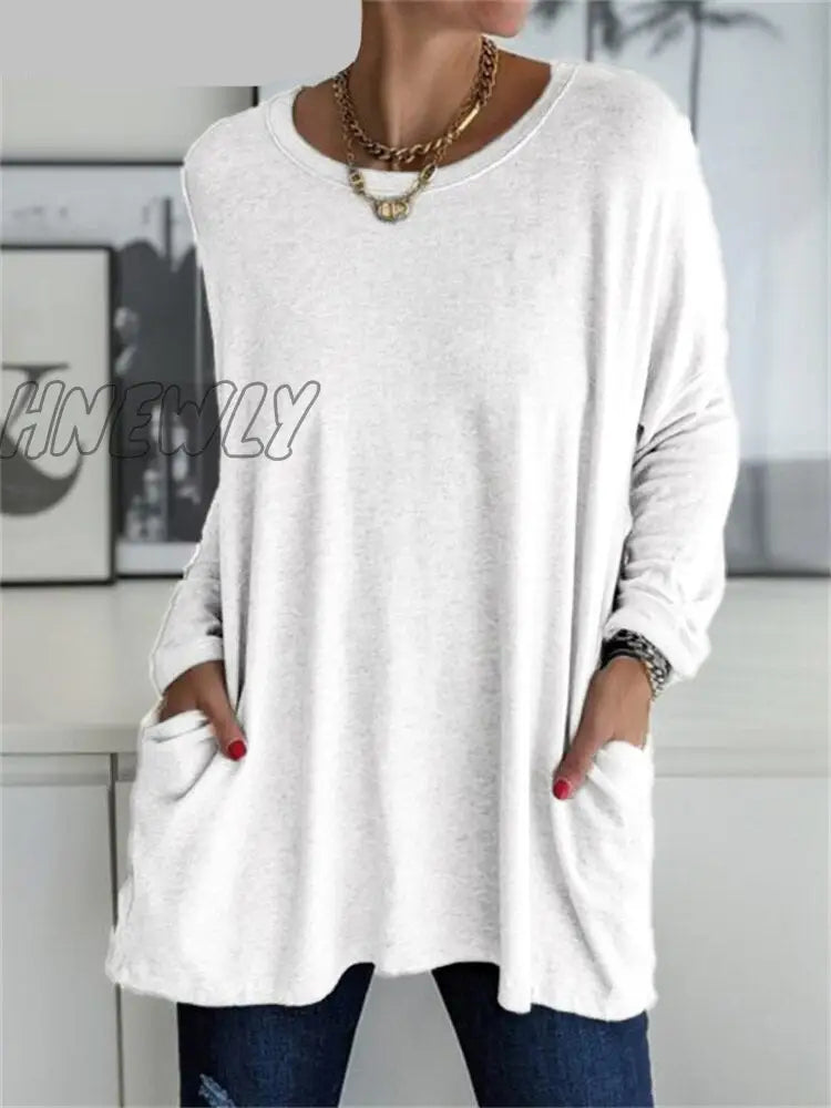 Hnewly Women Autumn Fashion Tunic Top Pocket Solid Color Loose Round Neck Long - Sleeved T - Shirt