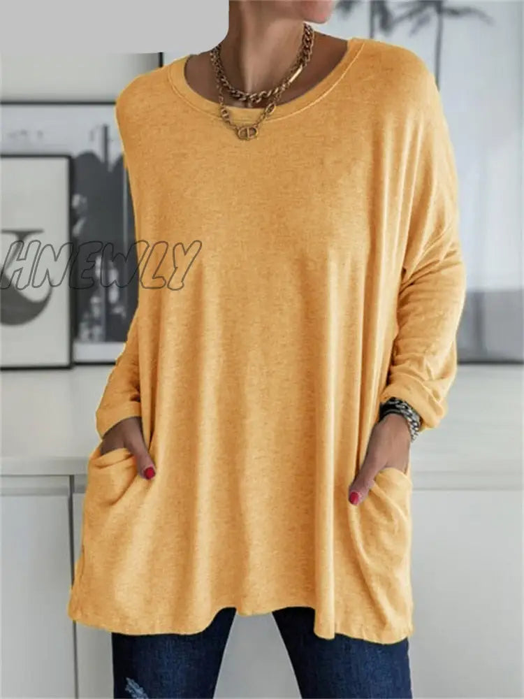 Hnewly Women Autumn Fashion Tunic Top Pocket Solid Color Loose Round Neck Long - Sleeved T - Shirt