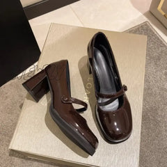 Women Autumn New Black Pu Leather Mary Jane Pumps Buckle Square Toe Shoes Female Med Thick Heels