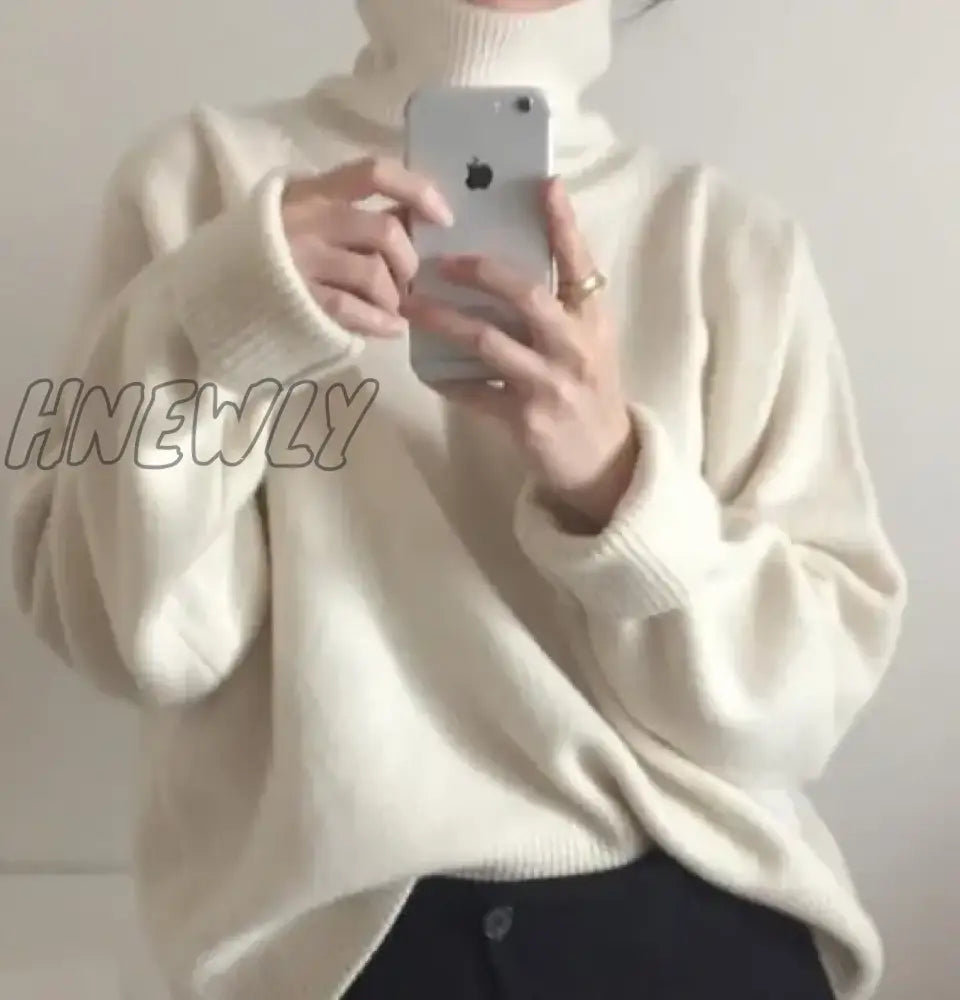 Hnewly Women Autumn Winter Cashmere Turtleneck White Sweater Knitted Pullovers Long Sleeve Elegant