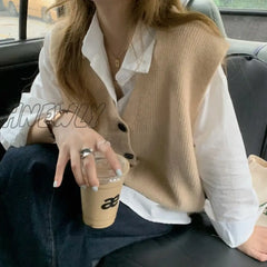 Hnewly Women Autumn Winter Sleeveless Waistcoat Knitted Cardigan Sweater Vest Solid Knit Cardigans