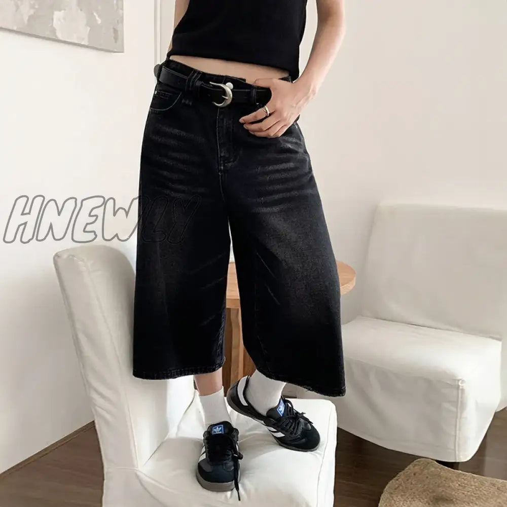 Hnewly Women Black Y2K Style Baggy Denim Shorts Wide Leg Short Pants Fashion High Waisted Dark Wash