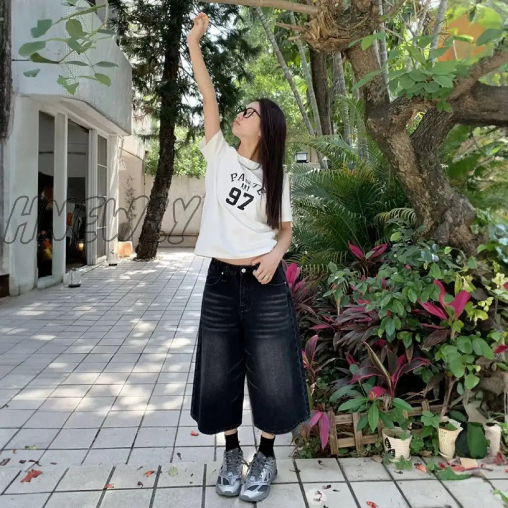 Hnewly Women Black Y2K Style Baggy Denim Shorts Wide Leg Short Pants Fashion High Waisted Dark Wash