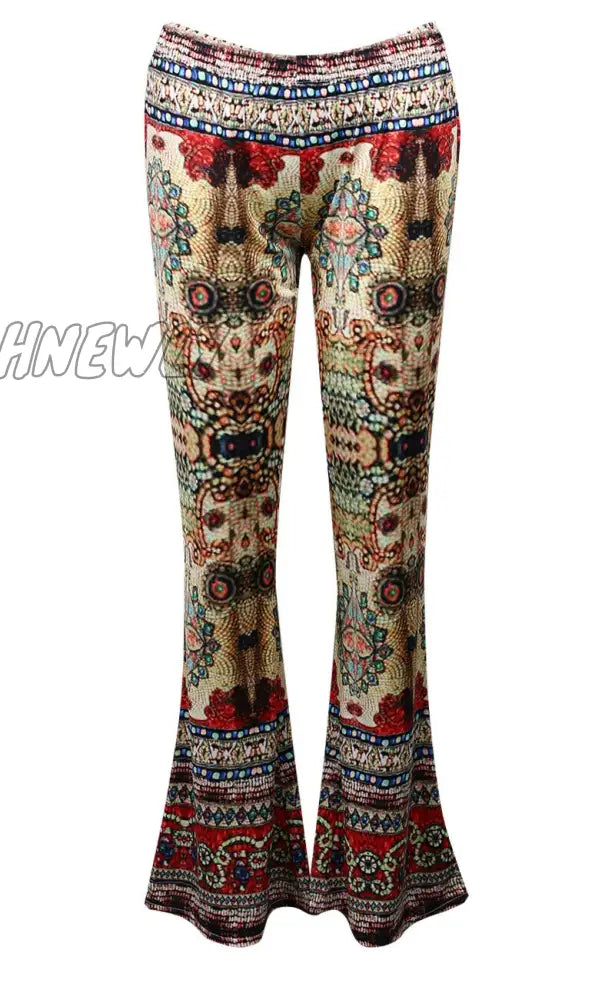 Hnewly Women Boho Hippie High Waist Loose Wide Leg Flared Bell Bottom Flroal Long Pants 1 / S