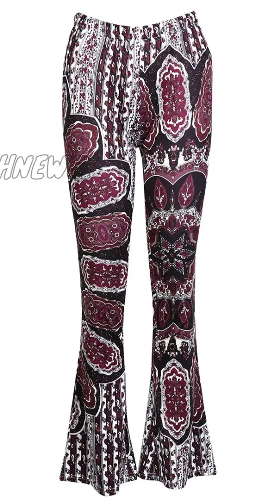 Hnewly Women Boho Hippie High Waist Loose Wide Leg Flared Bell Bottom Flroal Long Pants 2 / S