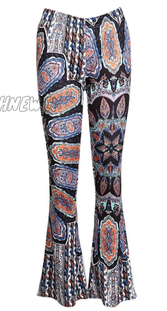 Hnewly Women Boho Hippie High Waist Loose Wide Leg Flared Bell Bottom Flroal Long Pants 3 / S