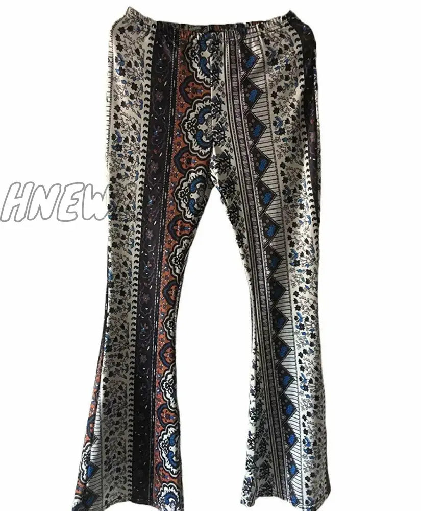 Hnewly Women Boho Hippie High Waist Loose Wide Leg Flared Bell Bottom Flroal Long Pants 4 / S