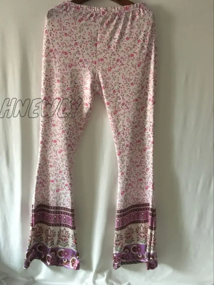 Hnewly Women Boho Hippie High Waist Loose Wide Leg Flared Bell Bottom Flroal Long Pants 6 / S