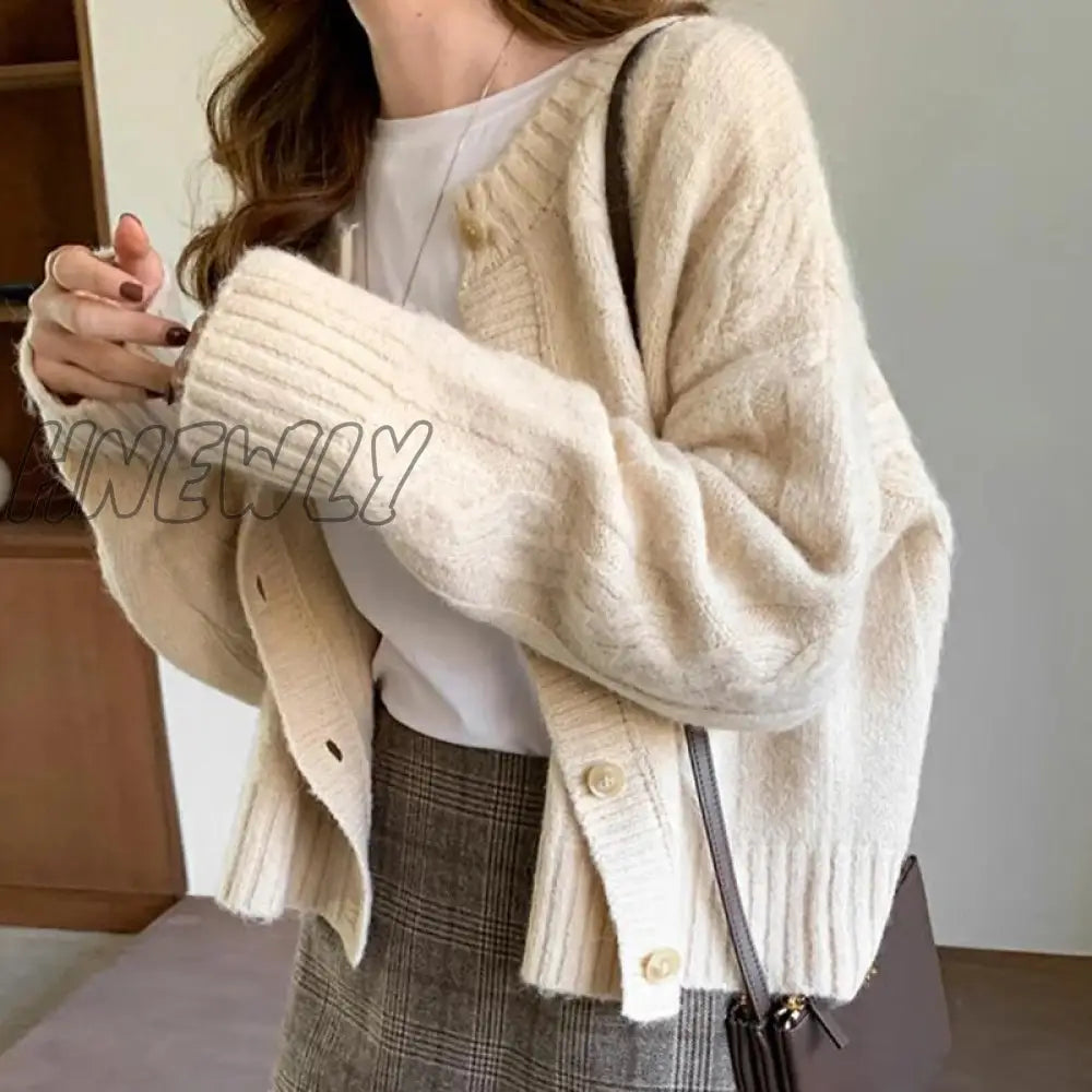 Hnewly Women Buttons Up Knit Warm Cardigan Sweater Coat Solid Short Loose Long Sleeve Casual Fall