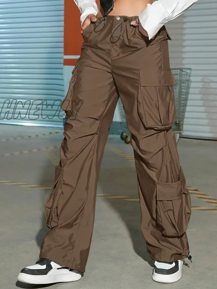 Hnewly Women Cargo Pants Fashion Vintage Street Vibe Flap Pocket Drawstring Ruched Parachute