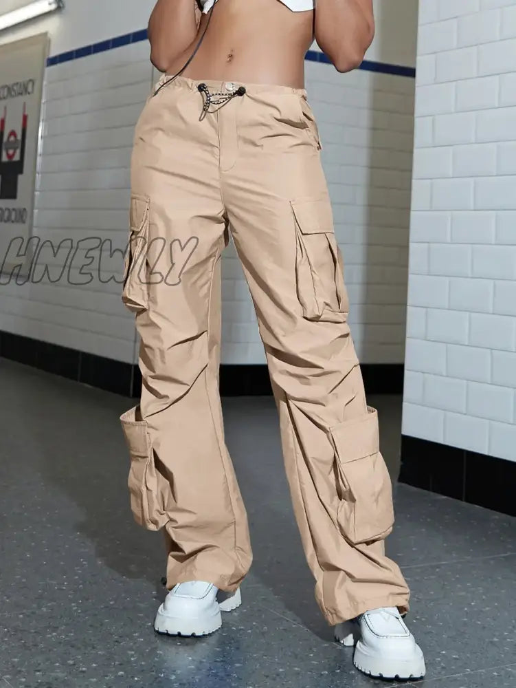 Hnewly Women Cargo Pants Fashion Vintage Street Vibe Flap Pocket Drawstring Ruched Parachute