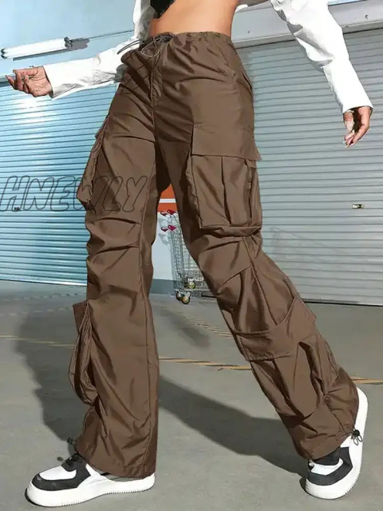 Hnewly Women Cargo Pants Fashion Vintage Street Vibe Flap Pocket Drawstring Ruched Parachute