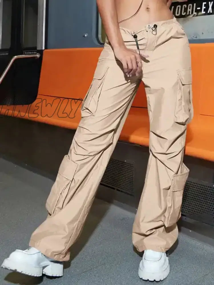 Hnewly Women Cargo Pants Fashion Vintage Street Vibe Flap Pocket Drawstring Ruched Parachute
