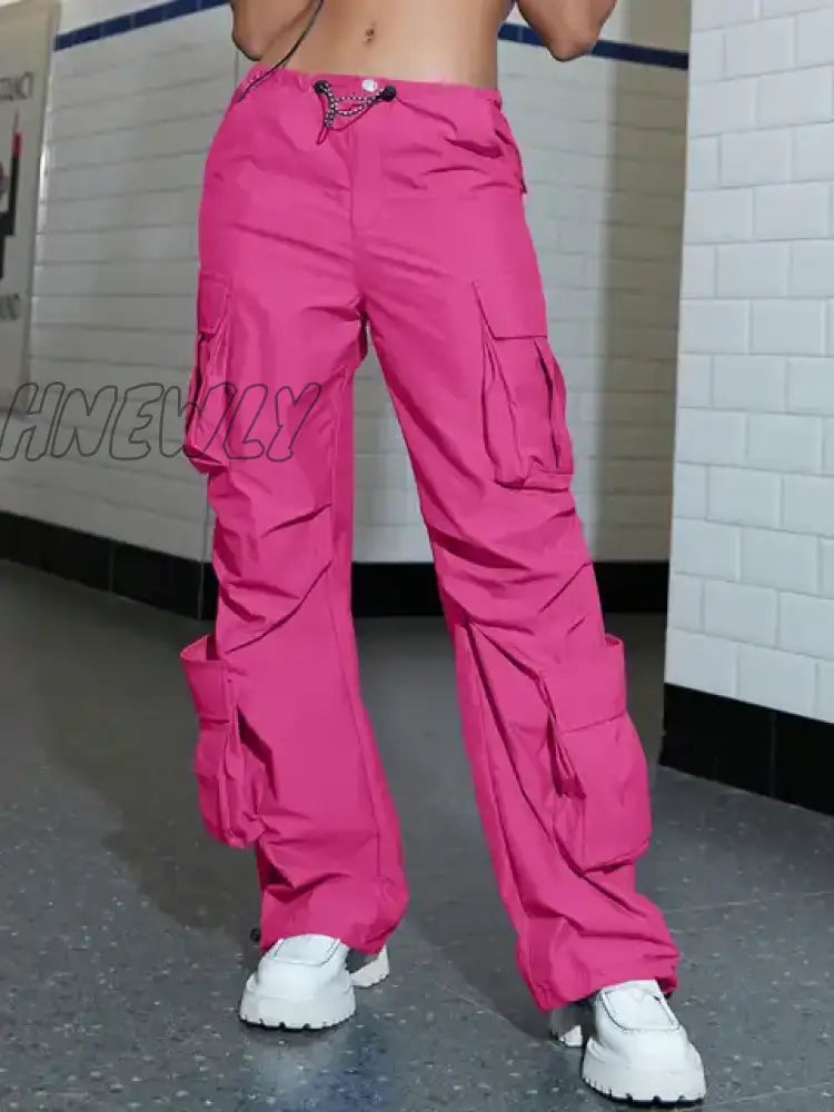 Hnewly Women Cargo Pants Fashion Vintage Street Vibe Flap Pocket Drawstring Ruched Parachute