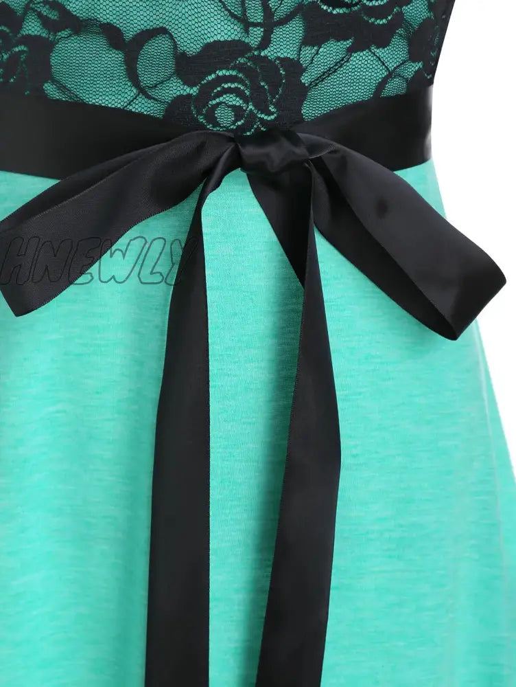 Hnewly Women Casual Dress Lace Insert Button Ruched Belted Sleeveless A-Line Sexy Party Sundress
