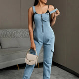 Hnewly Women Casual Fashion Denim Jumpsuits Overalls Long Rompers Zip Front Suspender Jeans Thick