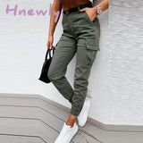 Hnewly Women Casual Solid Multi Pocket Fly Flap Pocket Cargo Ankle-length Pants