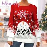 Hnewly Women Christmas Top Lantern Sleeve Long Sleeves Crew Neck Xmas Blouse Colorful New Year Snowman Sweatshirt Female Clothes