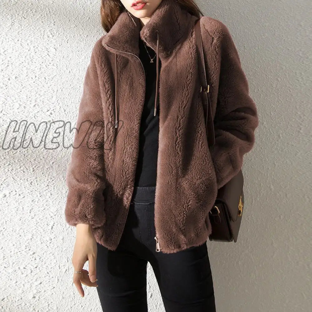 Hnewly Women Coat Fleece Warm Stand Collar Long Sleeve Jacket Autumn Korean Fashion Brown 4Xl