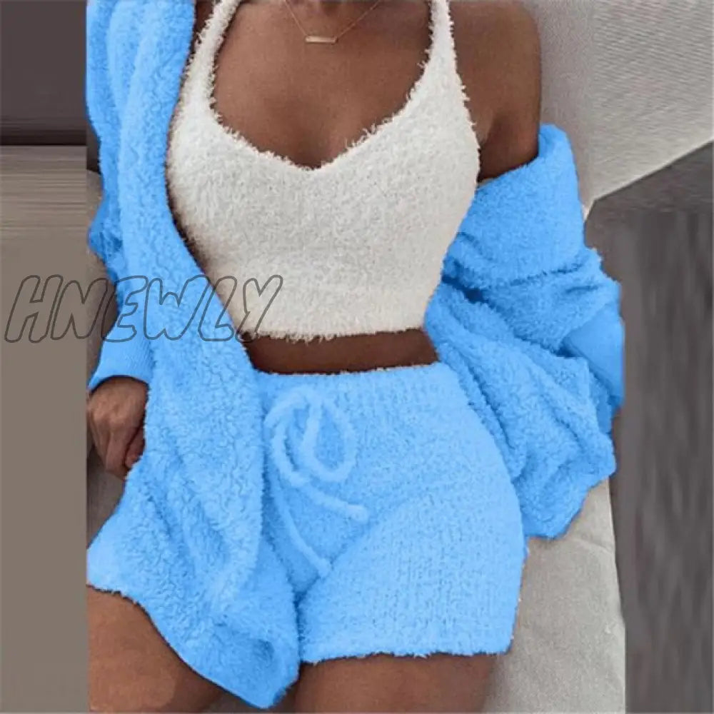 Hnewly Women Coral Velvet Pajamas Set Spring Autumn Winter 3 Three Piece Sleepwear Tops Shorts Coat