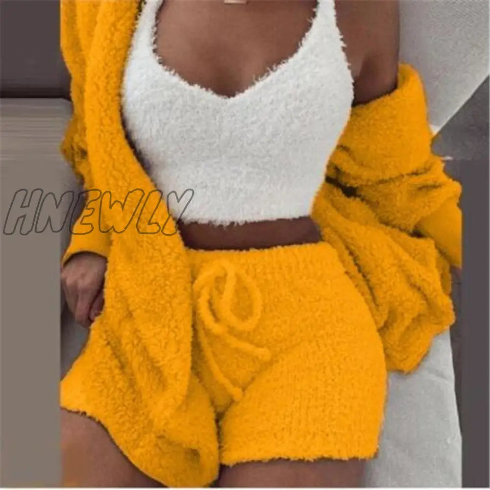 Hnewly Women Coral Velvet Pajamas Set Spring Autumn Winter 3 Three Piece Sleepwear Tops Shorts Coat