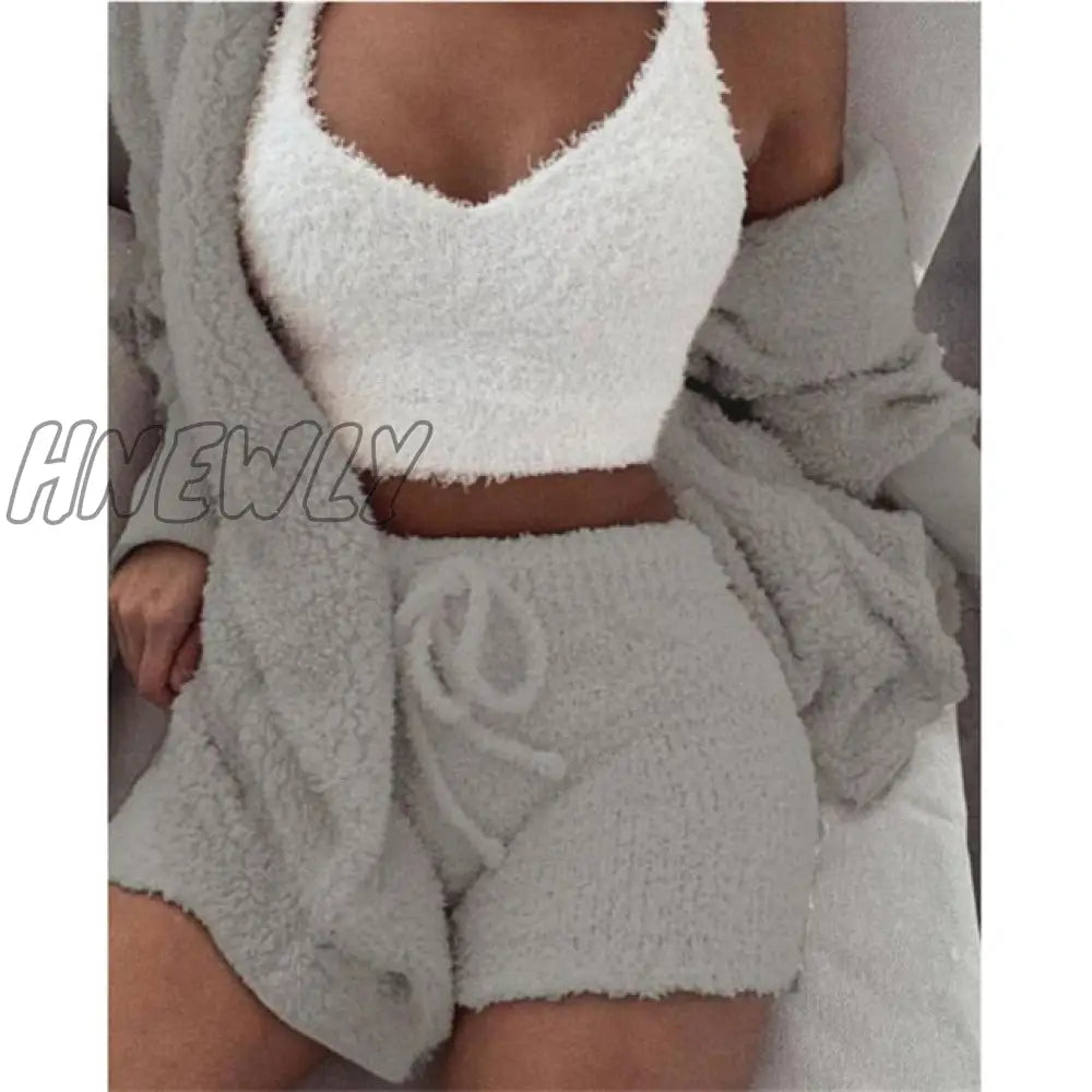 Hnewly Women Coral Velvet Pajamas Set Spring Autumn Winter 3 Three Piece Sleepwear Tops Shorts Coat
