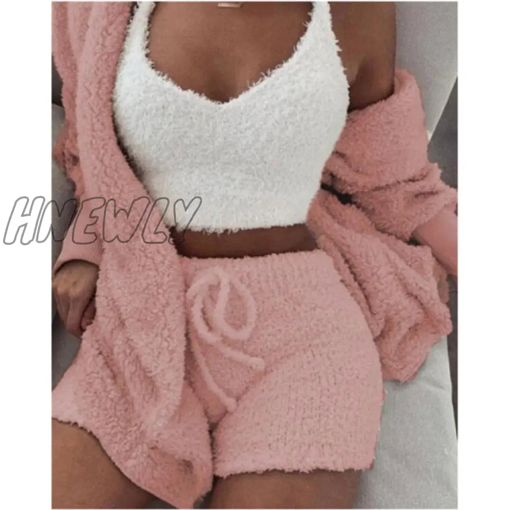 Hnewly Women Coral Velvet Pajamas Set Spring Autumn Winter 3 Three Piece Sleepwear Tops Shorts Coat