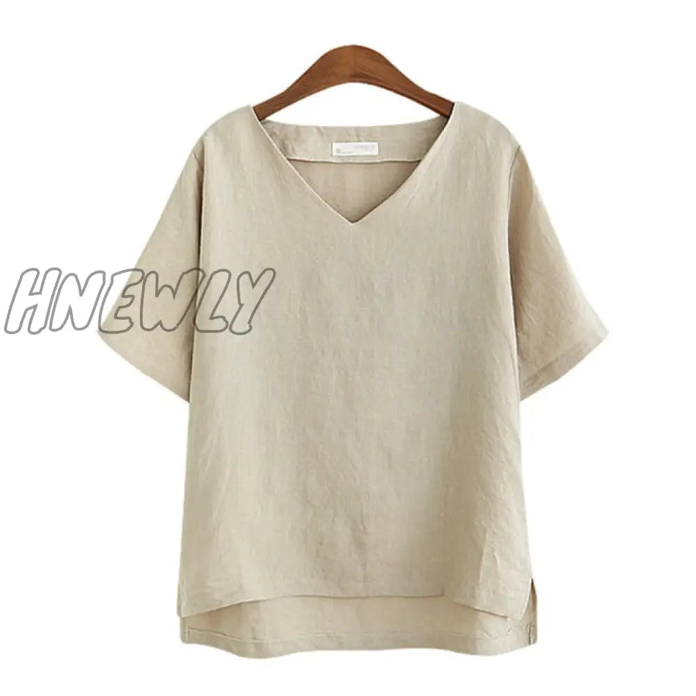 Hnewly Women Cotton Vintage Loose Thin T Shirts Xxxl V-Neck Flax Breathable T-Shirt Summer Sexy