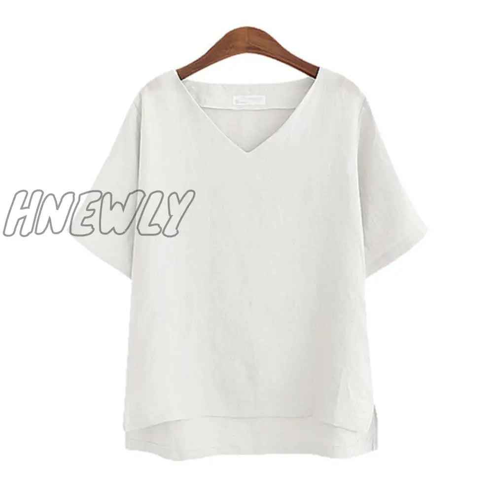 Hnewly Women Cotton Vintage Loose Thin T Shirts Xxxl V-Neck Flax Breathable T-Shirt Summer Sexy