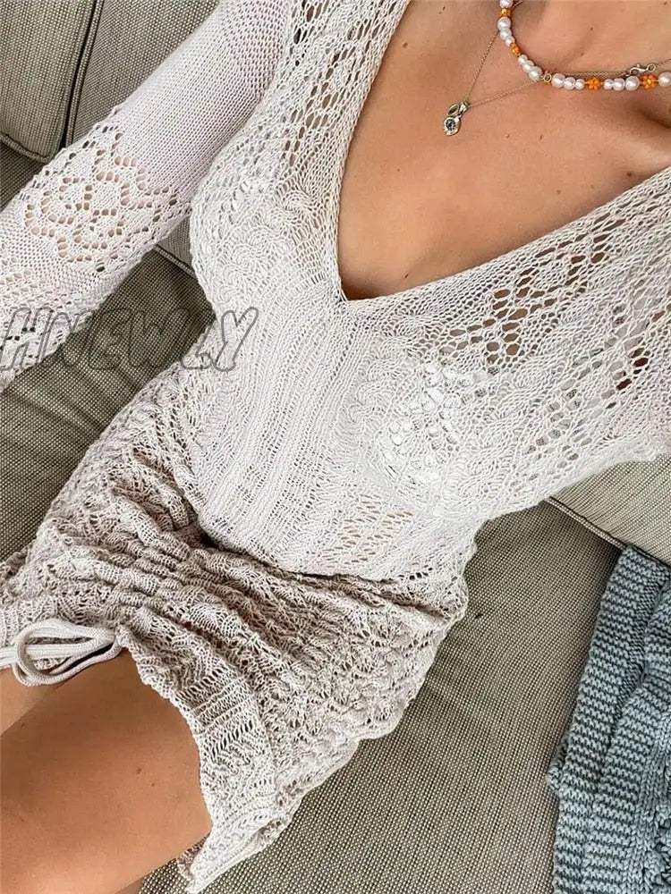 Hnewly Women Deep V-Neck Hollow Out Sexy Knitted Dresses Solid Long Sleeve Drawstring Mini Dress