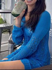 Hnewly Women Deep V-Neck Hollow Out Sexy Knitted Dresses Solid Long Sleeve Drawstring Mini Dress